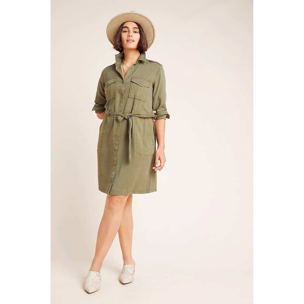 Anthropologie 46O Cloth & Stone Eryn Utility Shirtdress Olive Green Lyocell XS